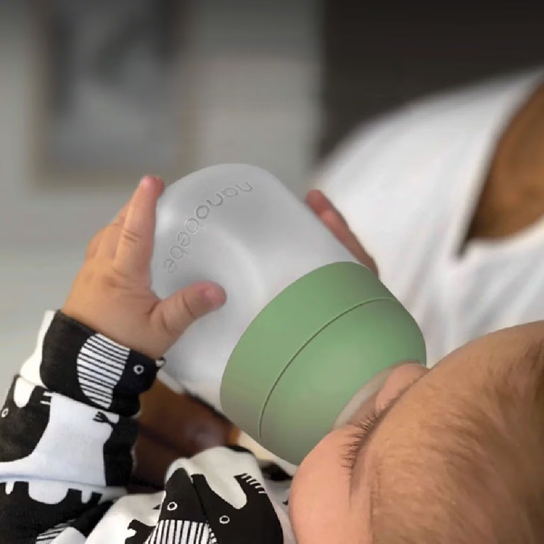 The nanobebe flexy bottle shown with a baby