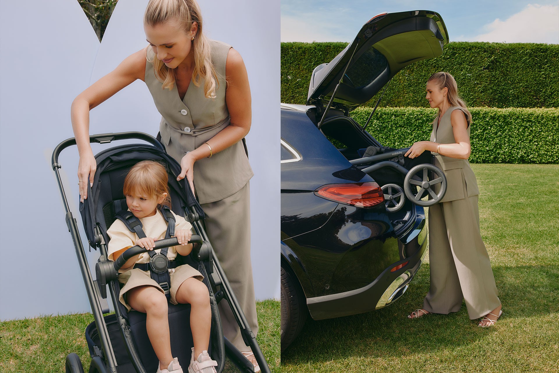Mum placing a folded Redsbaby travel pram into her car trunk and adjusting the canopy of another pram while her young child sits safely with seatbelt on.
