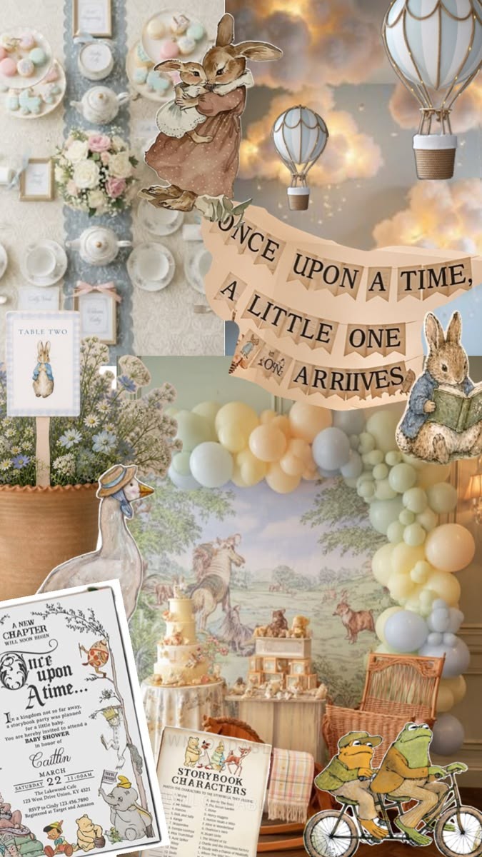 a collage of a storybook 2027 baby shower