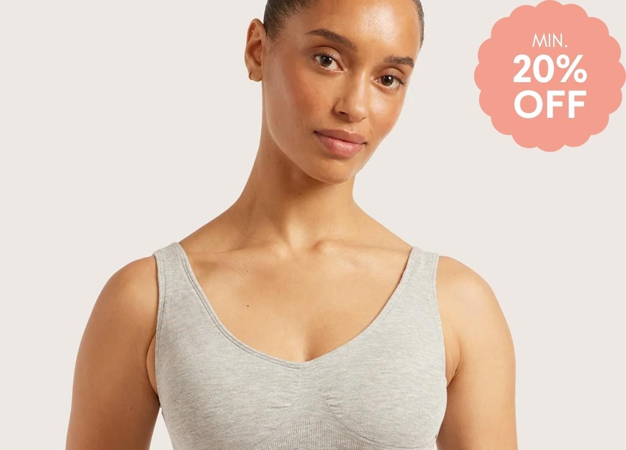 a woman wearing a grey seamfree bra