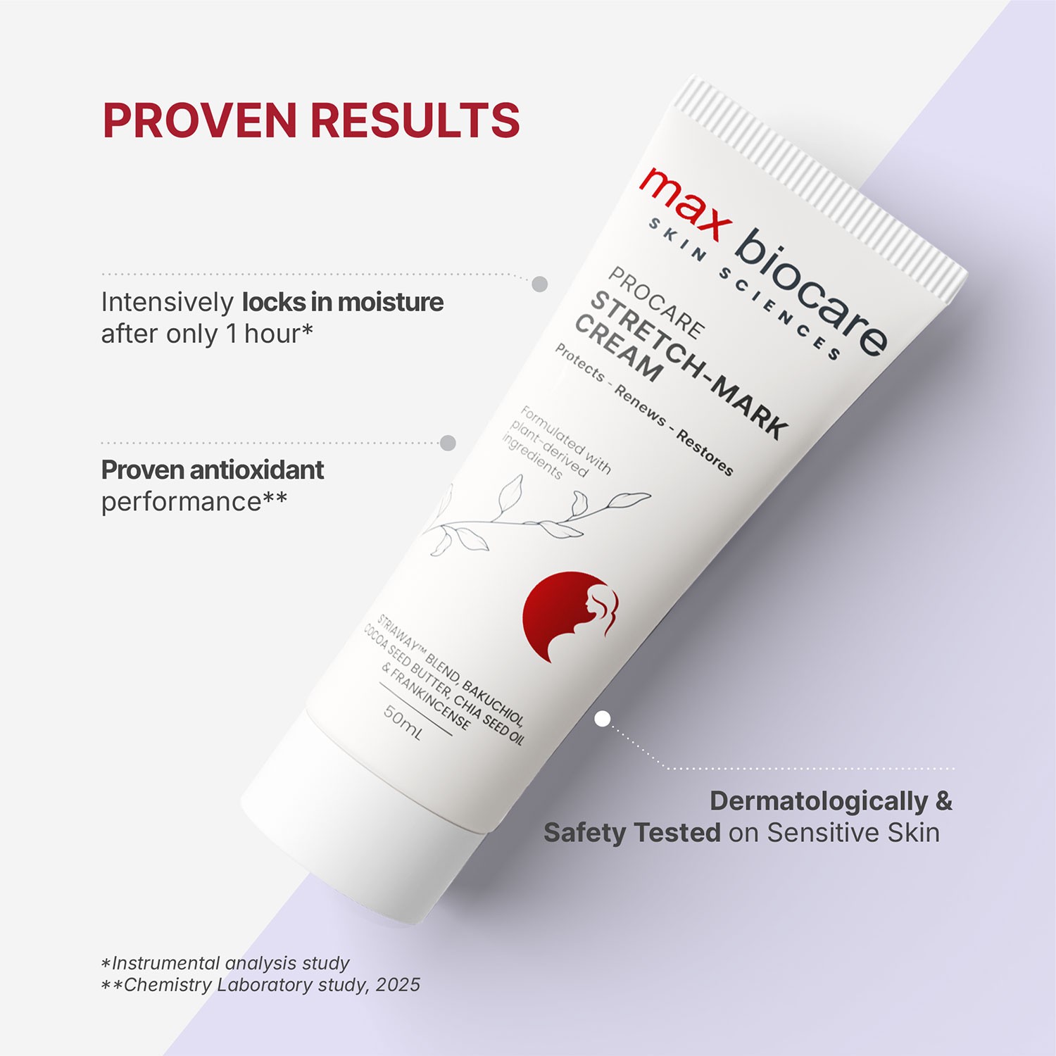 Proven results text overlay showcasing the best stretch mark cream for pregnancy on expectant and new mothers.