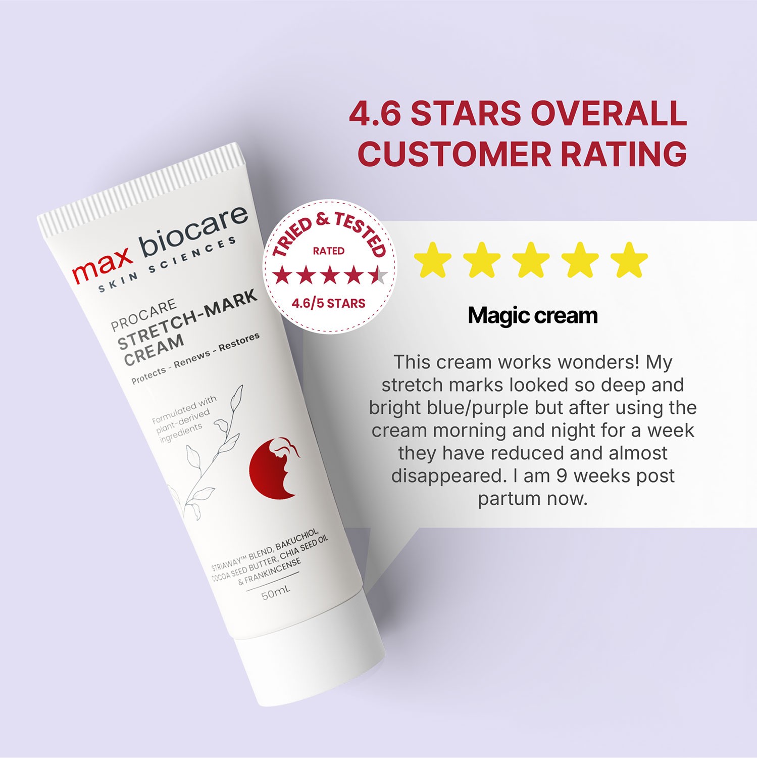 Best stretch mark cream for pregnancy on purple background with five-star customer review.