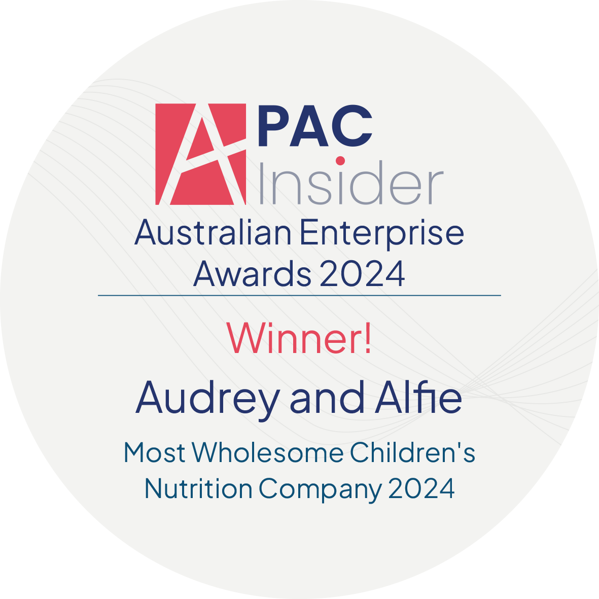Audrey and Alfie APAC Australian Enterprise Awards Winners Badge, celebrating their Best Feeding Essential for Babies.