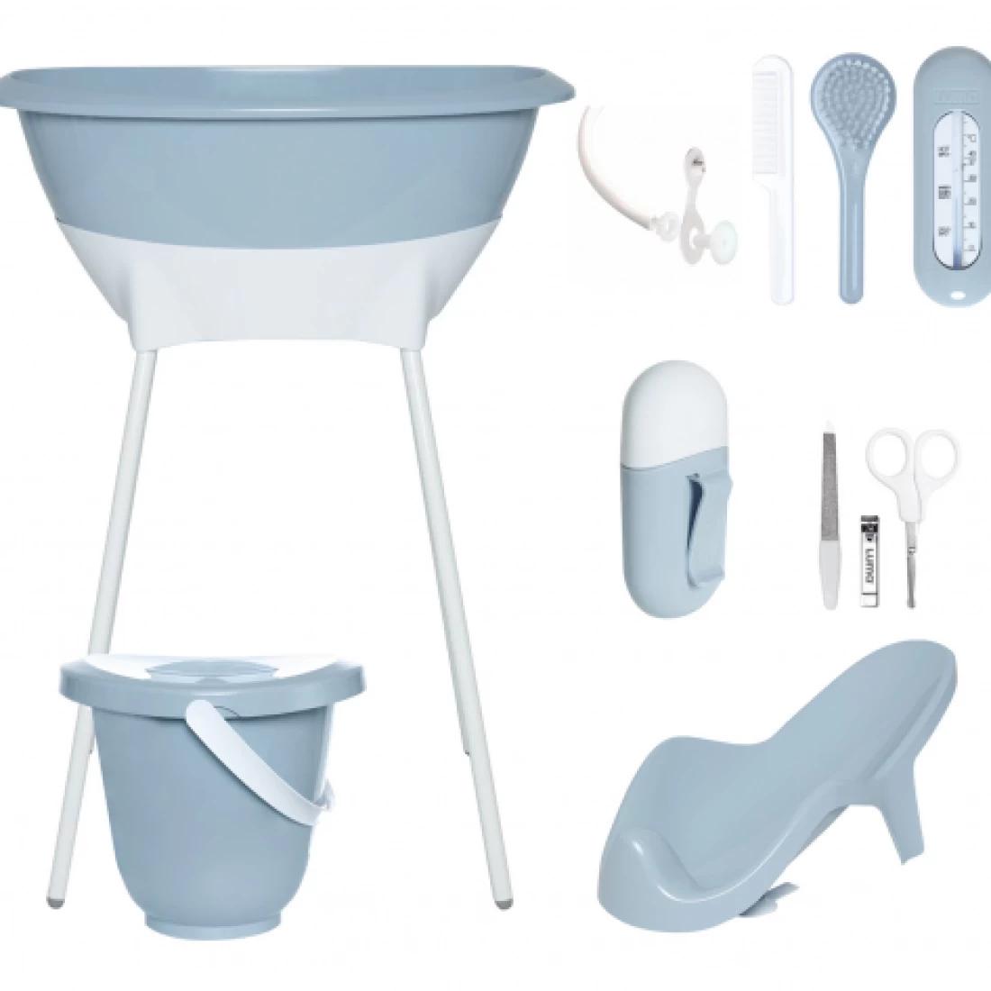 Complete Luma Babycare Baby Bath Set in neutral white background, ideal for newborn bath time setup.