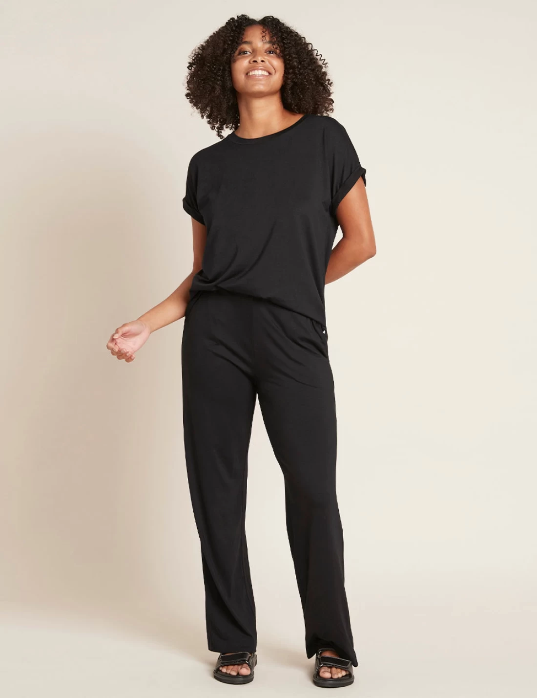 Mum wearing Boody maternity wear top and pants, highlighting comfortable and eco-friendly best maternity clothes for everyday use.