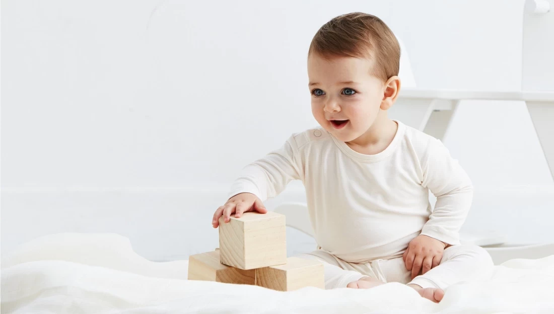 Smiling baby boy sitting in white room wearing Boody Bamboo Baby Clothing, showcasing popular best baby clothes for Australian families