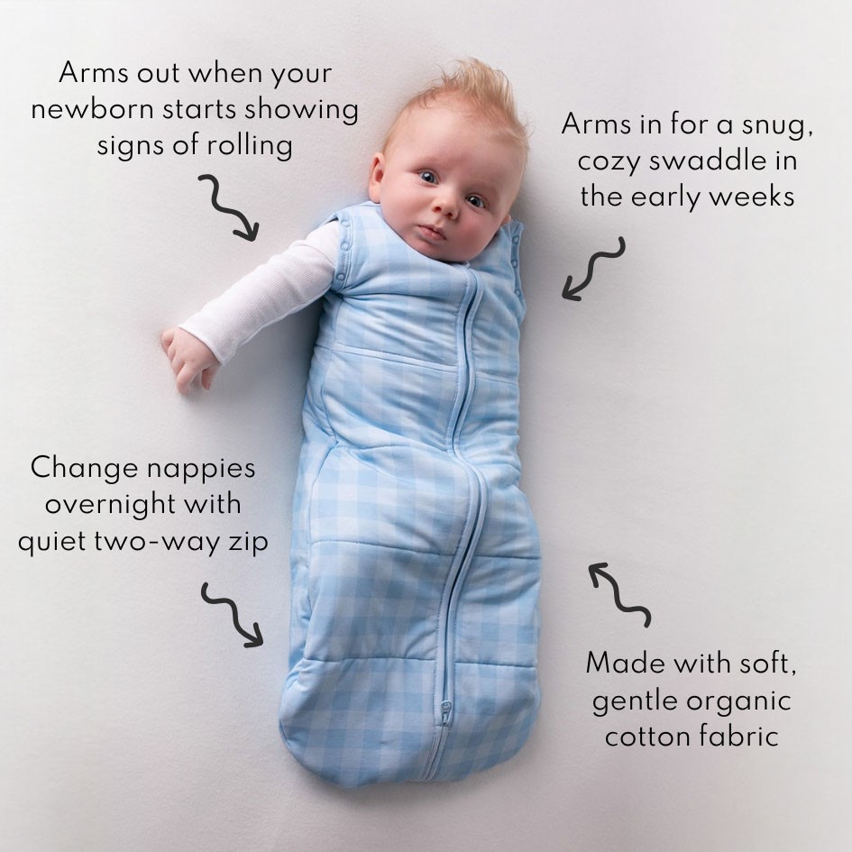 Blue Sleepybelly swaddle sack on a baby lying down, among the best swaddle sacks for newborns, with feature text explaining a cosy secure swaddle that converts to arms out.