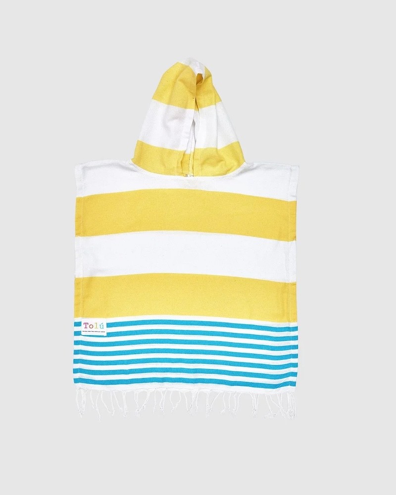 A hooded beach towel for kids in yellow and blue