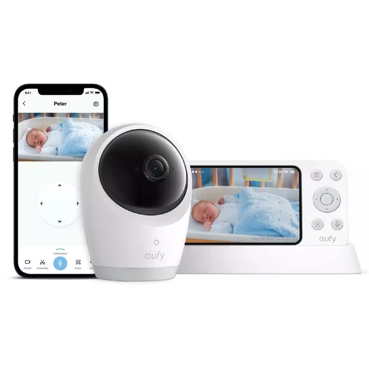 The Eufy baby monitor showing its smart phone capabilities and the hand held screen for observing your baby