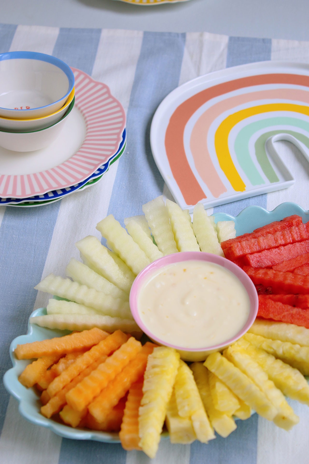 Baby-friendly fruit fries served with lemon dip, part of a practical guide to baby led weaning first foods.