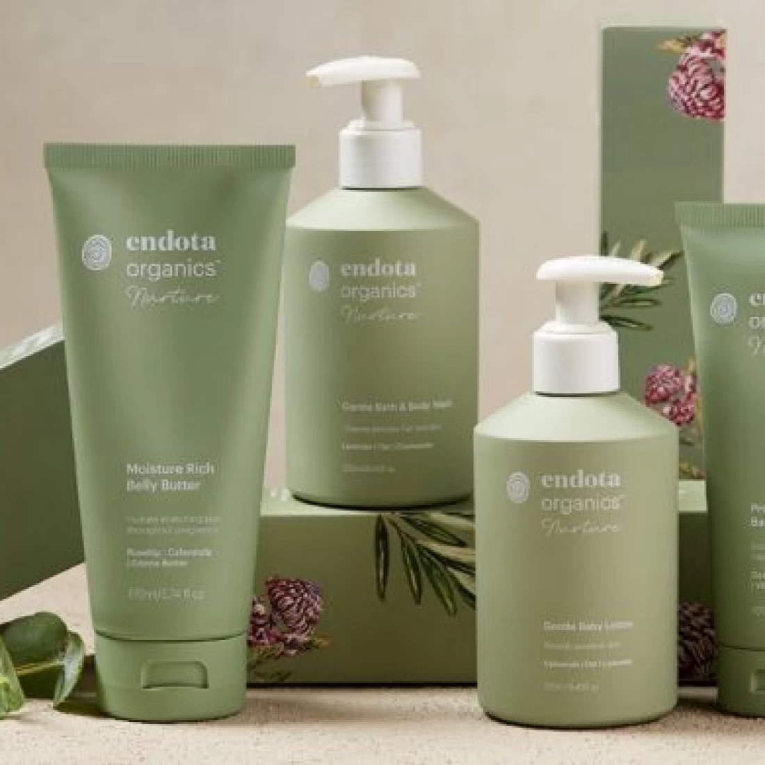 Natural baby skincare bottle on cream background trusted as the best baby brand in Australia.
