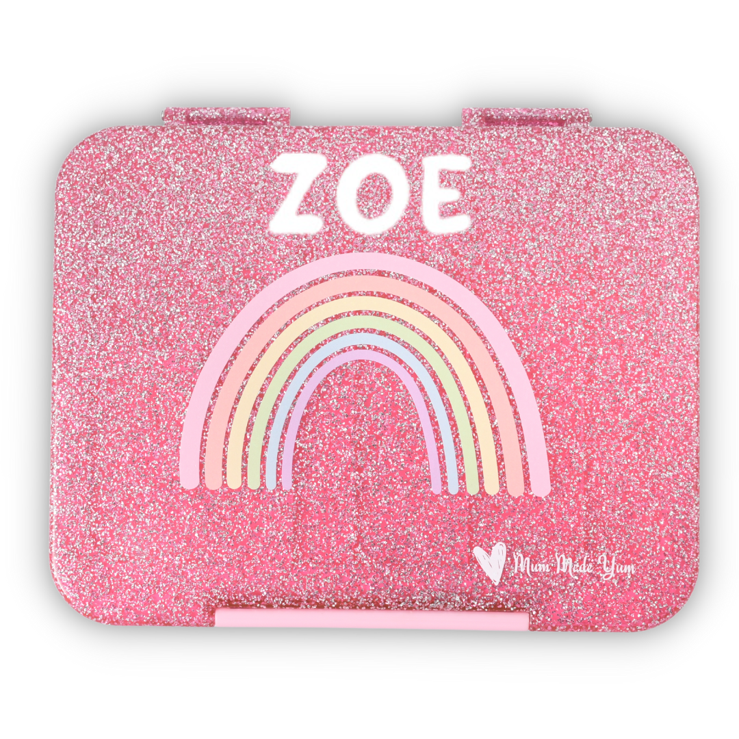 Close-up of Zoe pink bento best kids' lunch box for school displayed on white background.