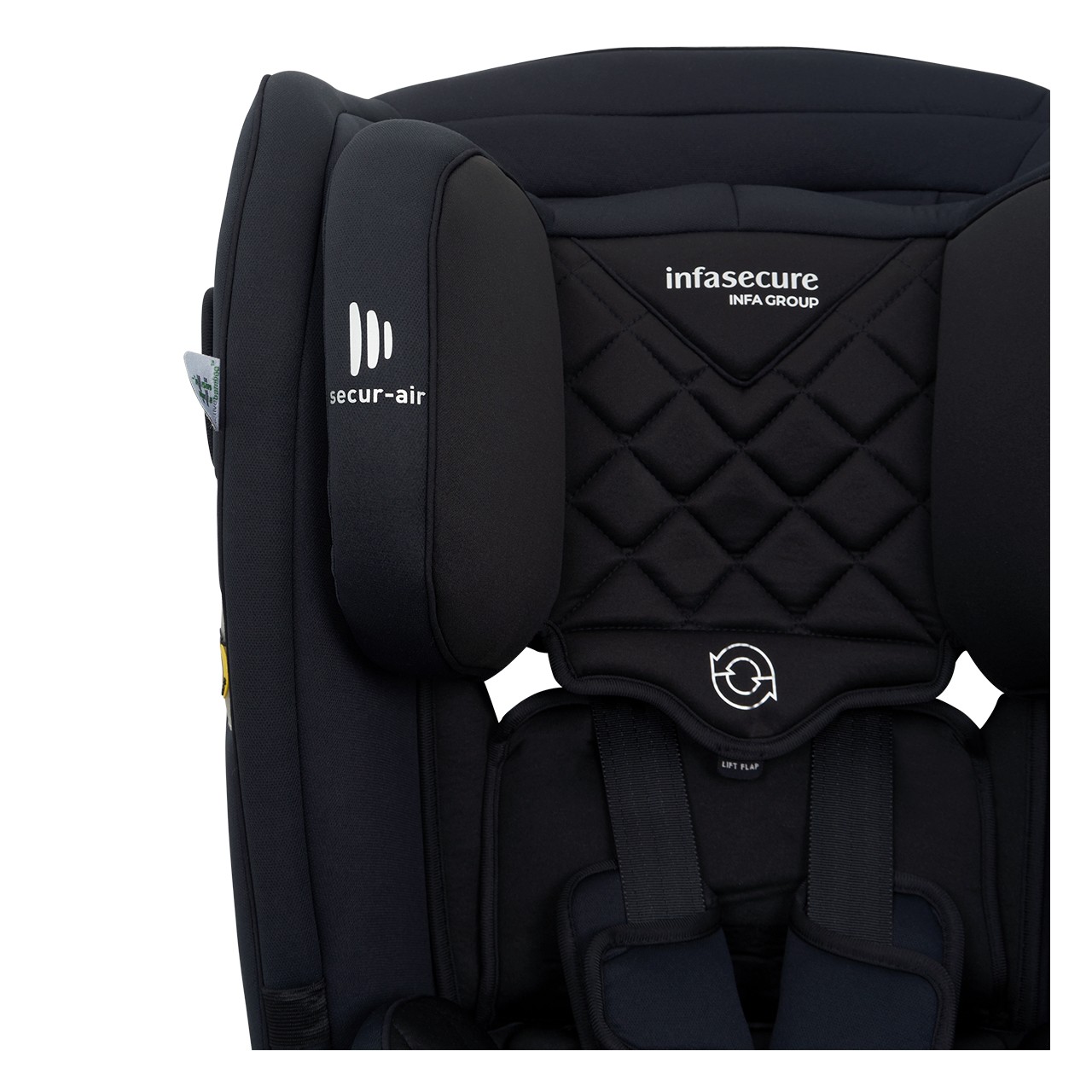 Close-up of the backrest of the best baby car seat, showing padded cushioning for toddler comfort.