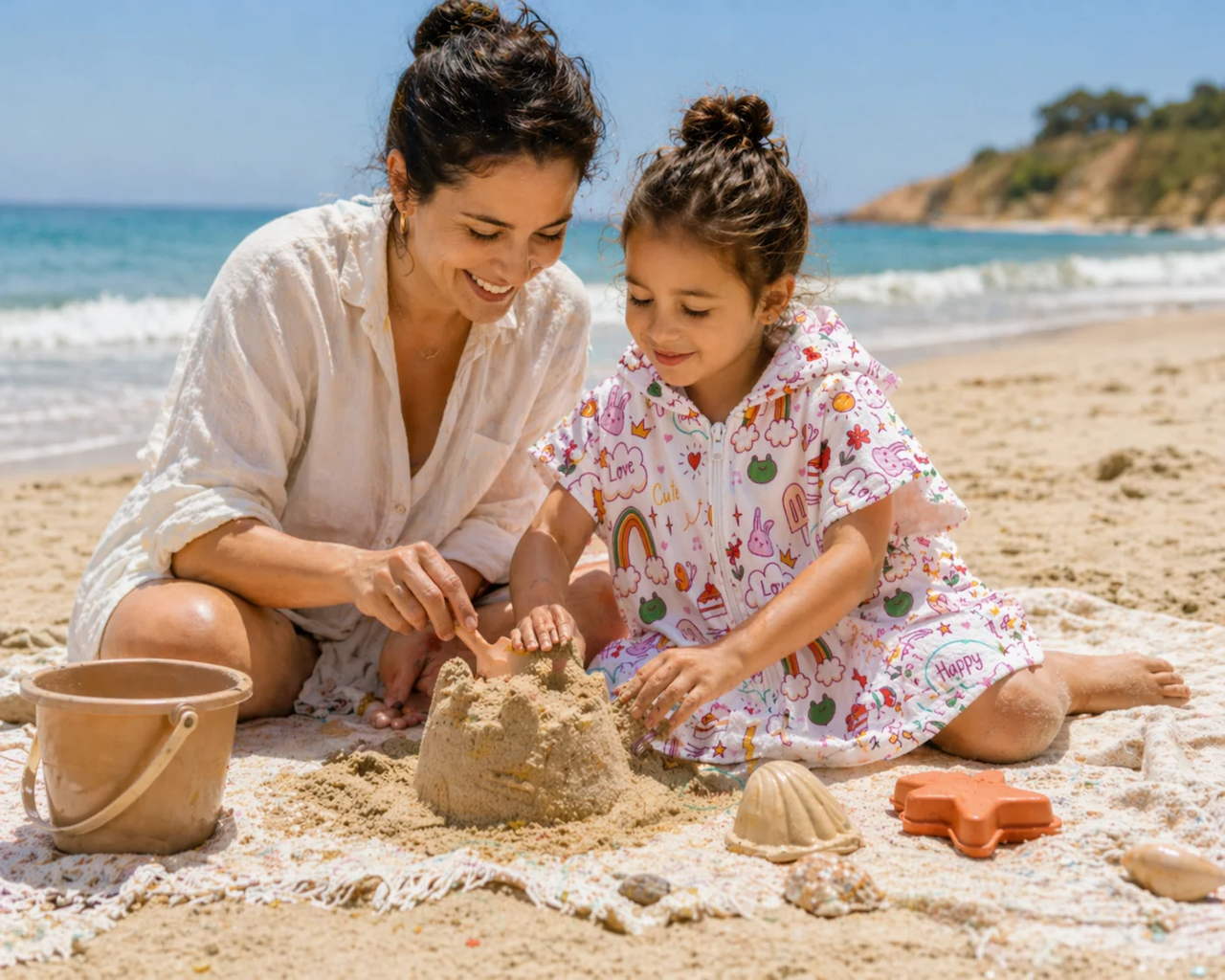 A girl and her mother making sandcastles while wearing one of the best hooded beach towels for kids