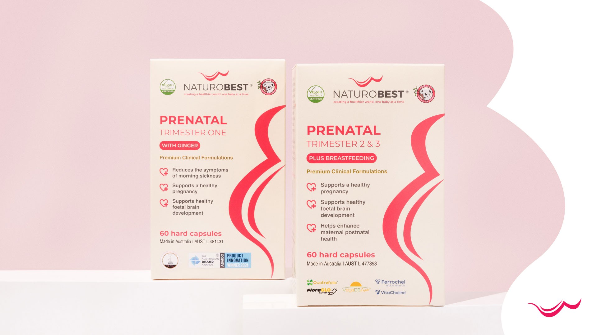 Best energy supplements from NaturoBest – Trimester One with Ginger and Trimester 2 & 3 with Breastfeeding blend shown with floral décor