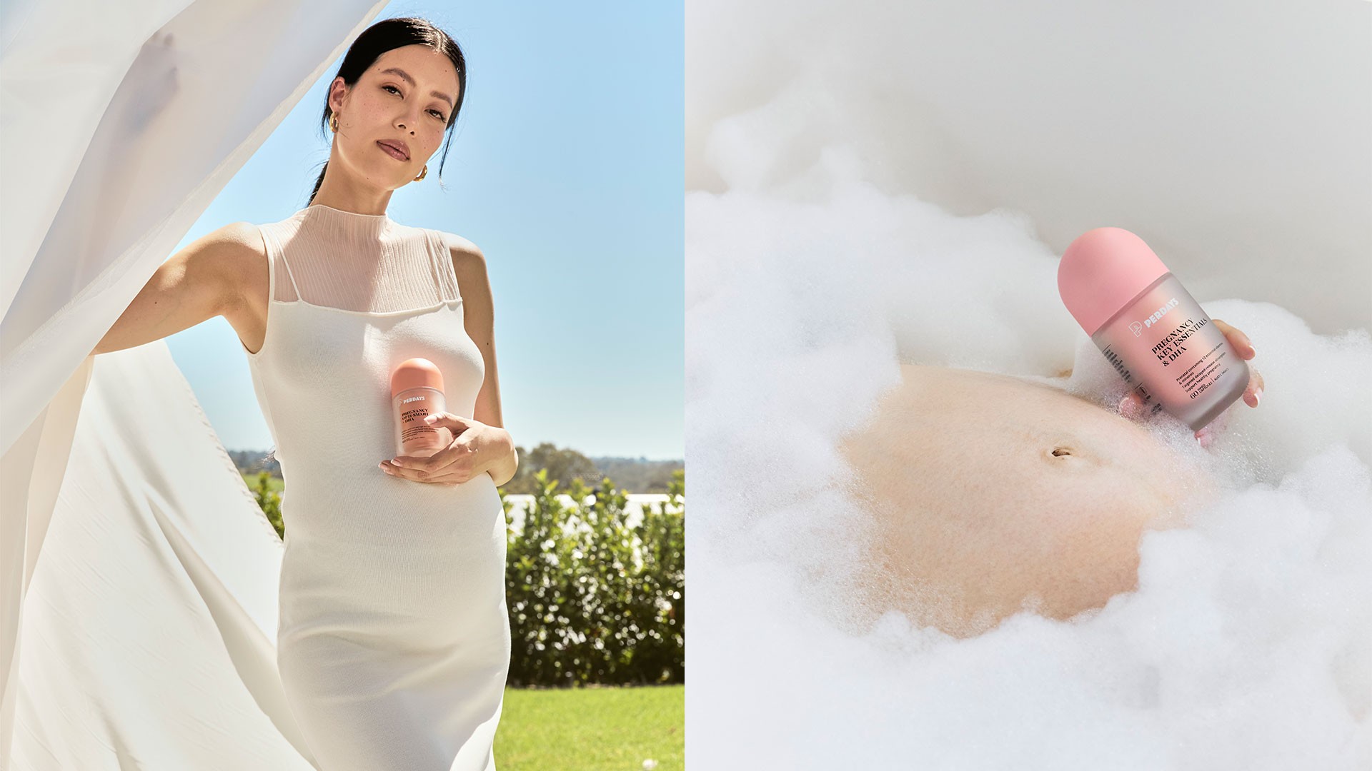 Pregnant woman in a white dress holding a Perdays vitamin with a side image of a pregnant belly and vitamin bottle in a bubble bath to highlight the best prenatal vitamins.